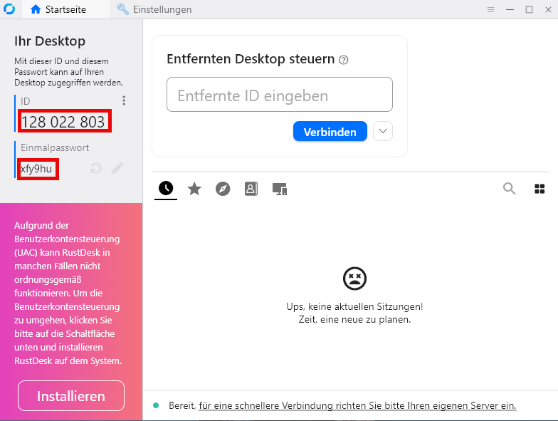 RustDesk window: ID and one-time password marked in red